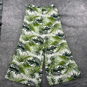 Midnight Sky Pants Womens L Green White Floral Flax Blend Wide Leg Beachy NEW
